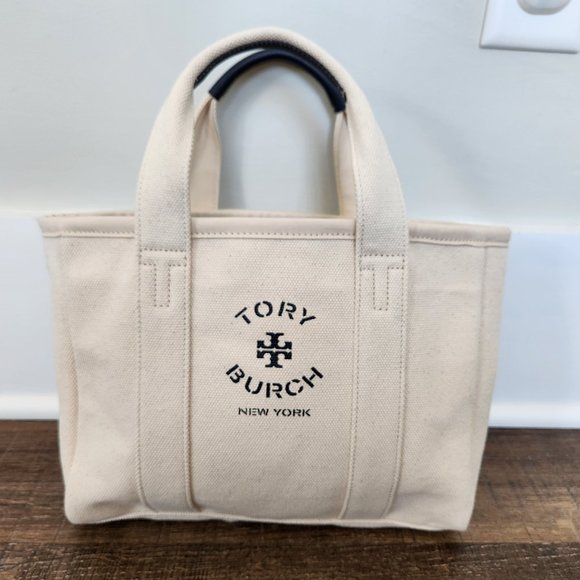 Tory Burch Handbags - Tory Burch Mini Mercer Street Canvas Tote Bag Natural Navy Blue
